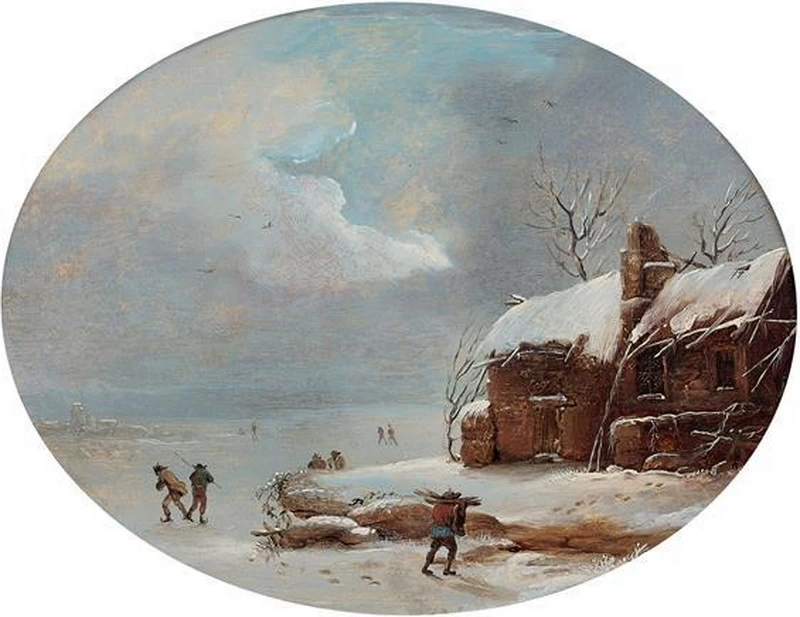Paesaggio d'inverno animato da pattinatori